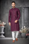 Cotton Silk Wine Colour Work Kurta Pajama Set men