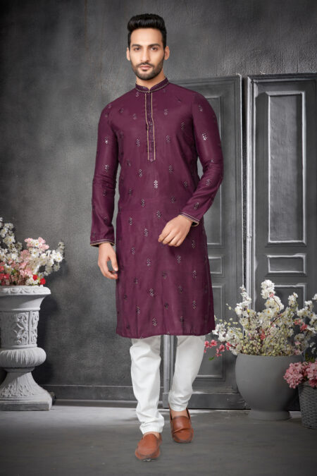 Cotton Silk Wine Colour Work Kurta Pajama Set men