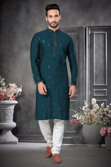Cotton Silk Rama Colour Work Kurta Pajama Set for Men