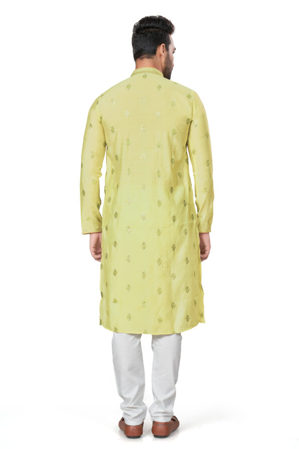Cotton Silk Light Yellow Colour Work Kurta Pajama Set for Men