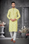 Cotton Silk Light Yellow Colour Work Kurta Pajama Set for Men