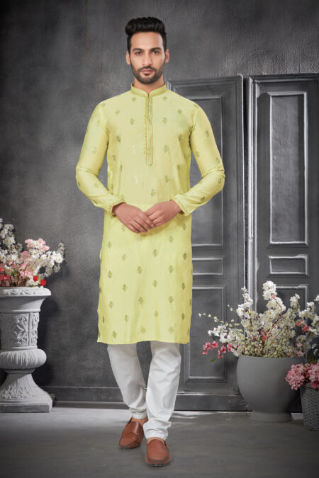 Cotton Silk Light Yellow Colour Work Kurta Pajama Set for Men