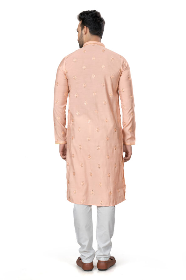 Cotton Silk Light Orange Colour Work Kurta Pajama Set for Men