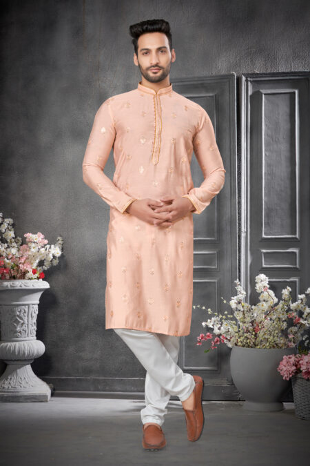 Cotton Silk Light Orange Colour Work Kurta Pajama Set for Men