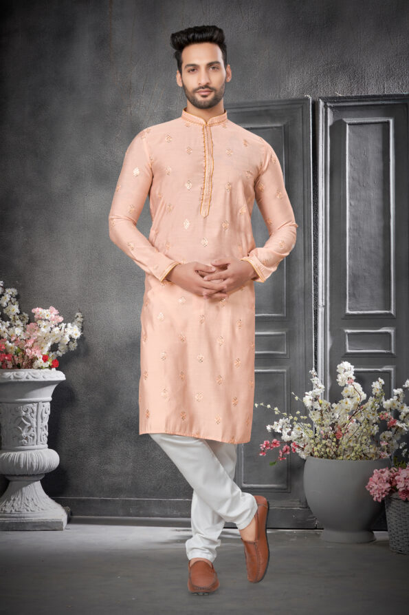 Cotton Silk Light Orange Colour Work Kurta Pajama Set for Men