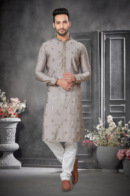 Cotton Silk Gry Colour Work Kurta Pajama Set men