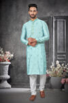 Cotton Silk Sky Colour Work Kurta Pajama Set men