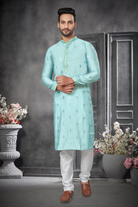 Cotton Silk Sky Colour Work Kurta Pajama Set men